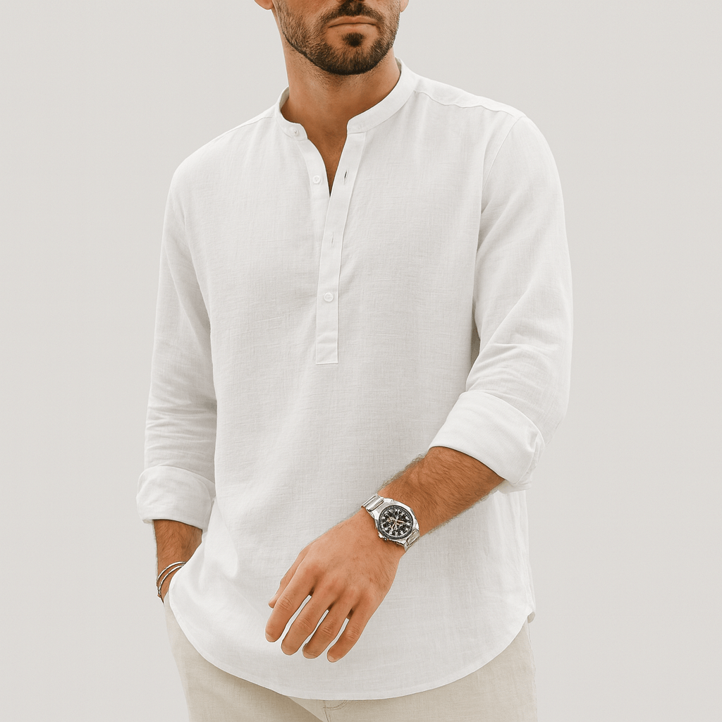 CH | Ademend linnen overhemd met opstaande kraag